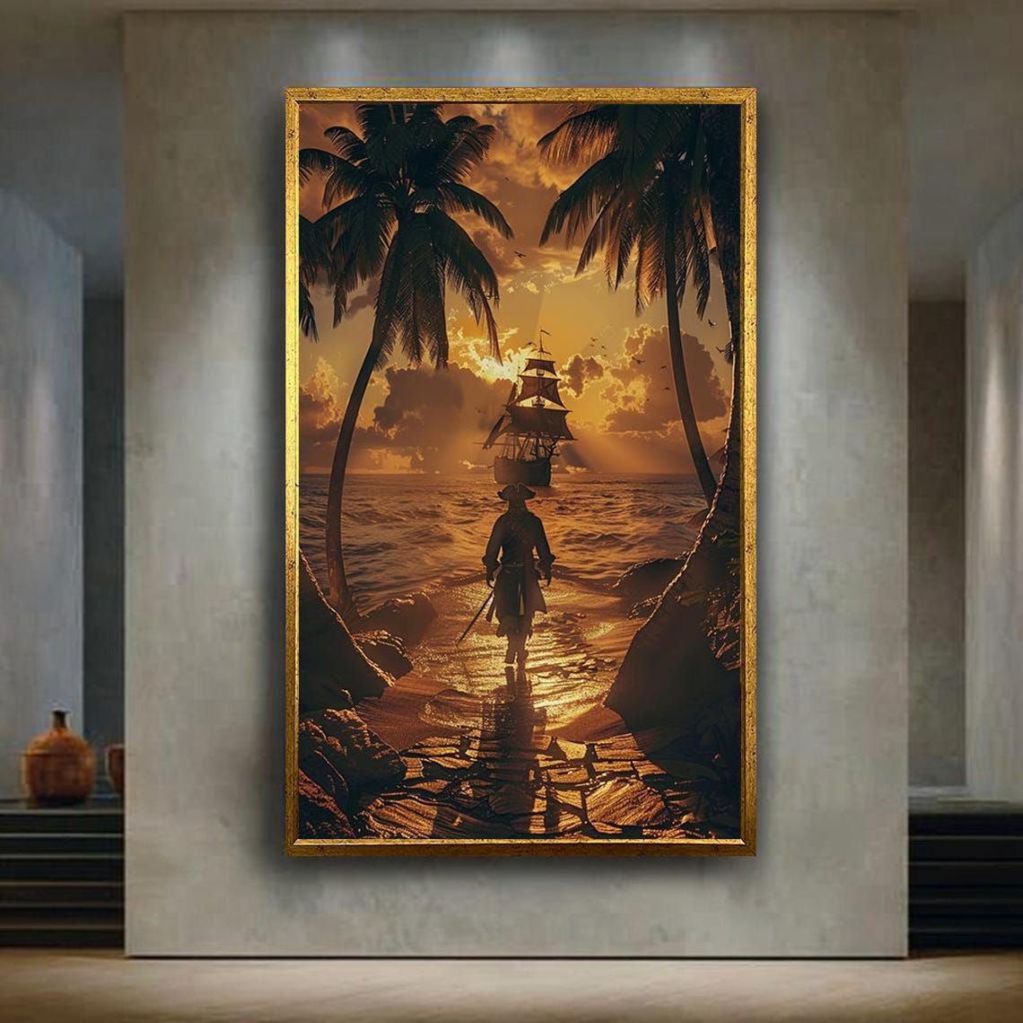 Pirate Walking To Ship Tropical Island Sunset Beach Palm Poster