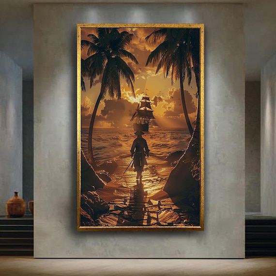 Pirate Walking To Ship Tropical Island Sunset Beach Palm Poster