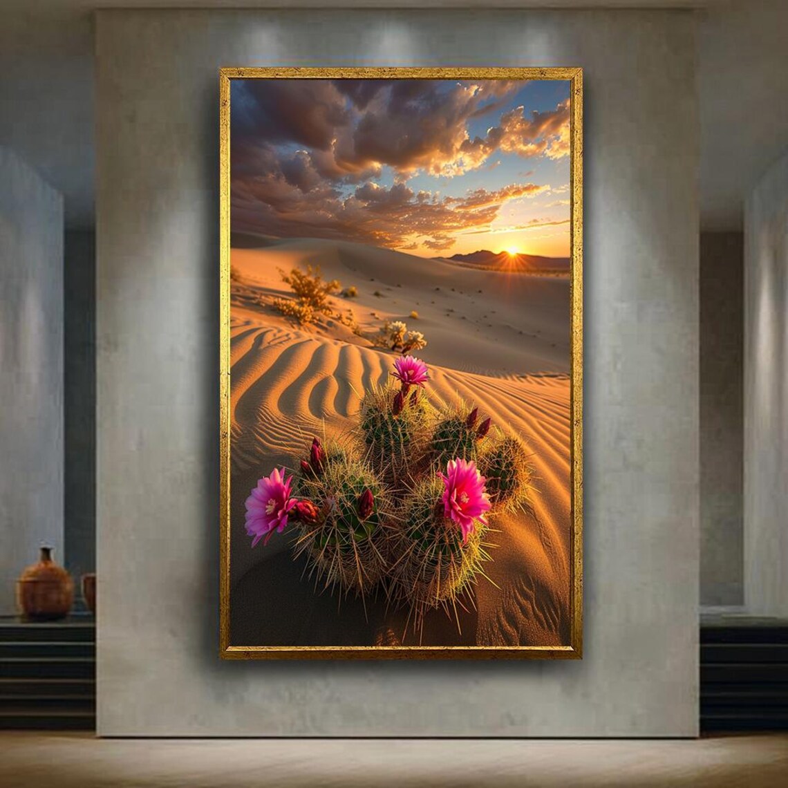 Blooming Cactus, Sunset Desert Landscape Art Print