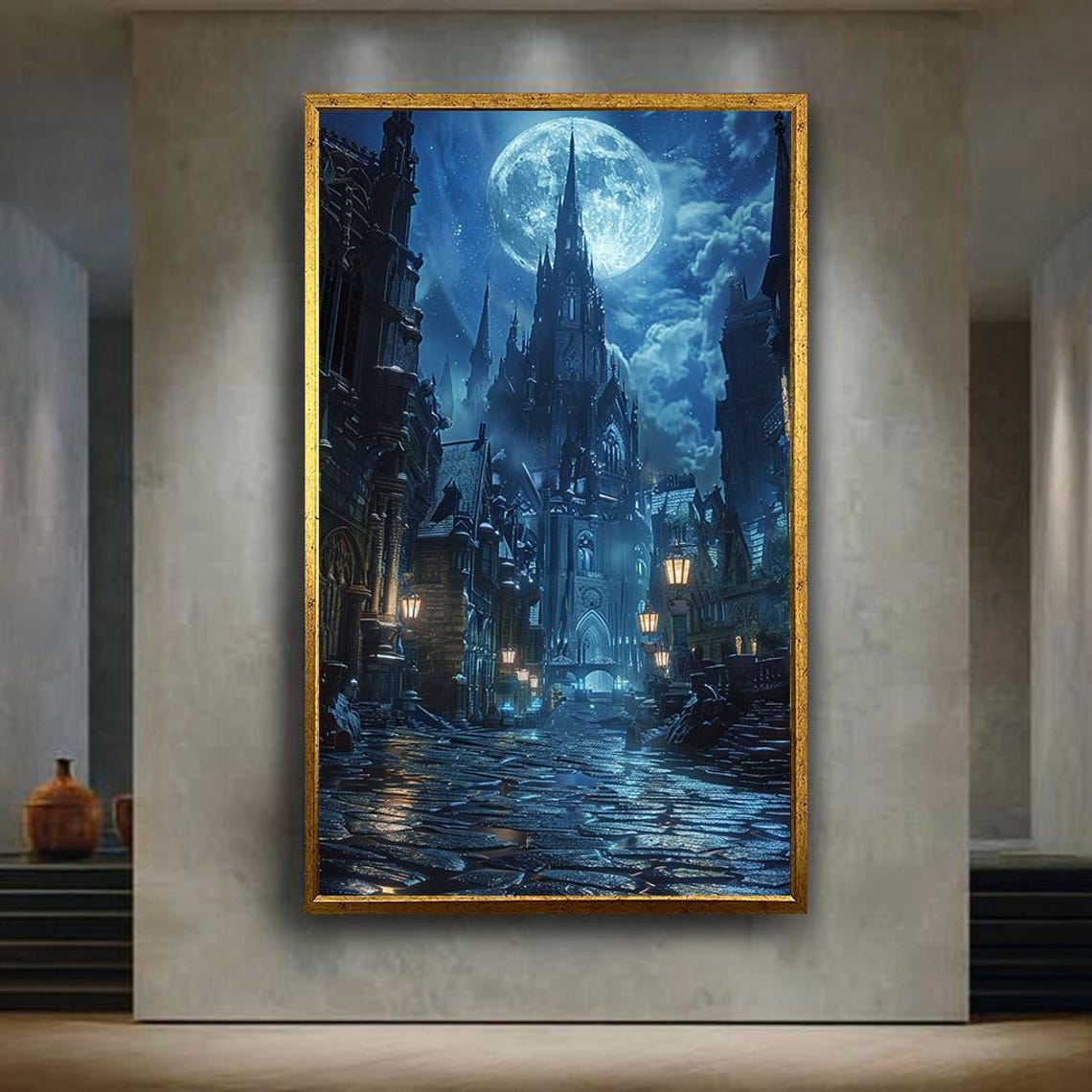 Moonlit Gothic Cathedral Spires Under Full Moon City Street Poster
