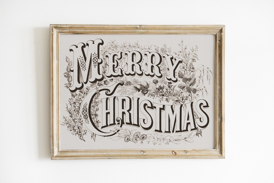 Vintage Merry Christmas Ornamental Typography Holiday Sketch Art Poster