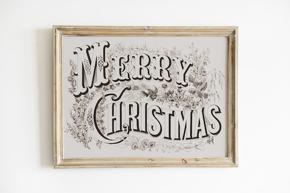 Vintage Merry Christmas Ornamental Typography Holiday Sketch Art Poster