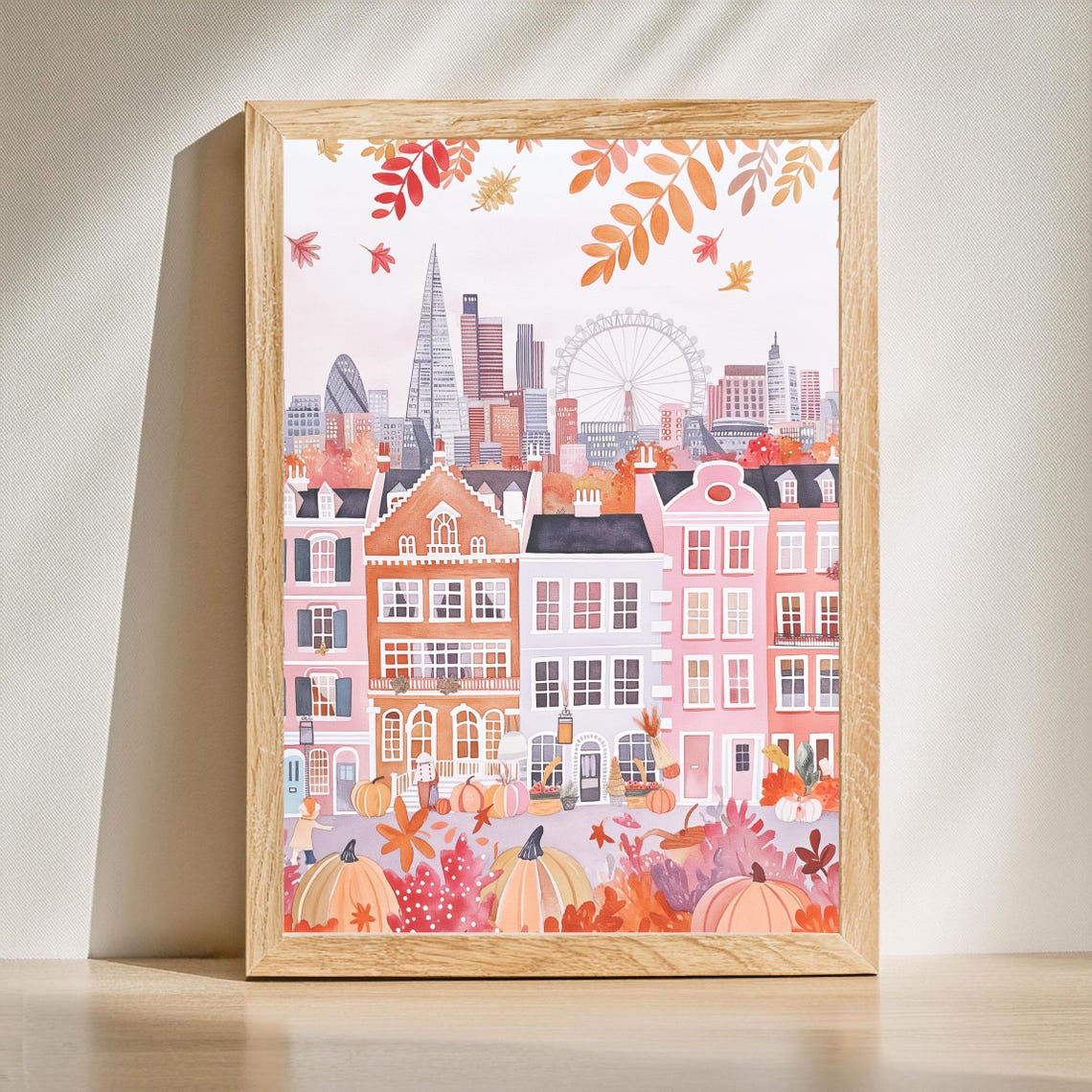 Autumn London Skyline Pastel Illustration Poster With Pumpkins