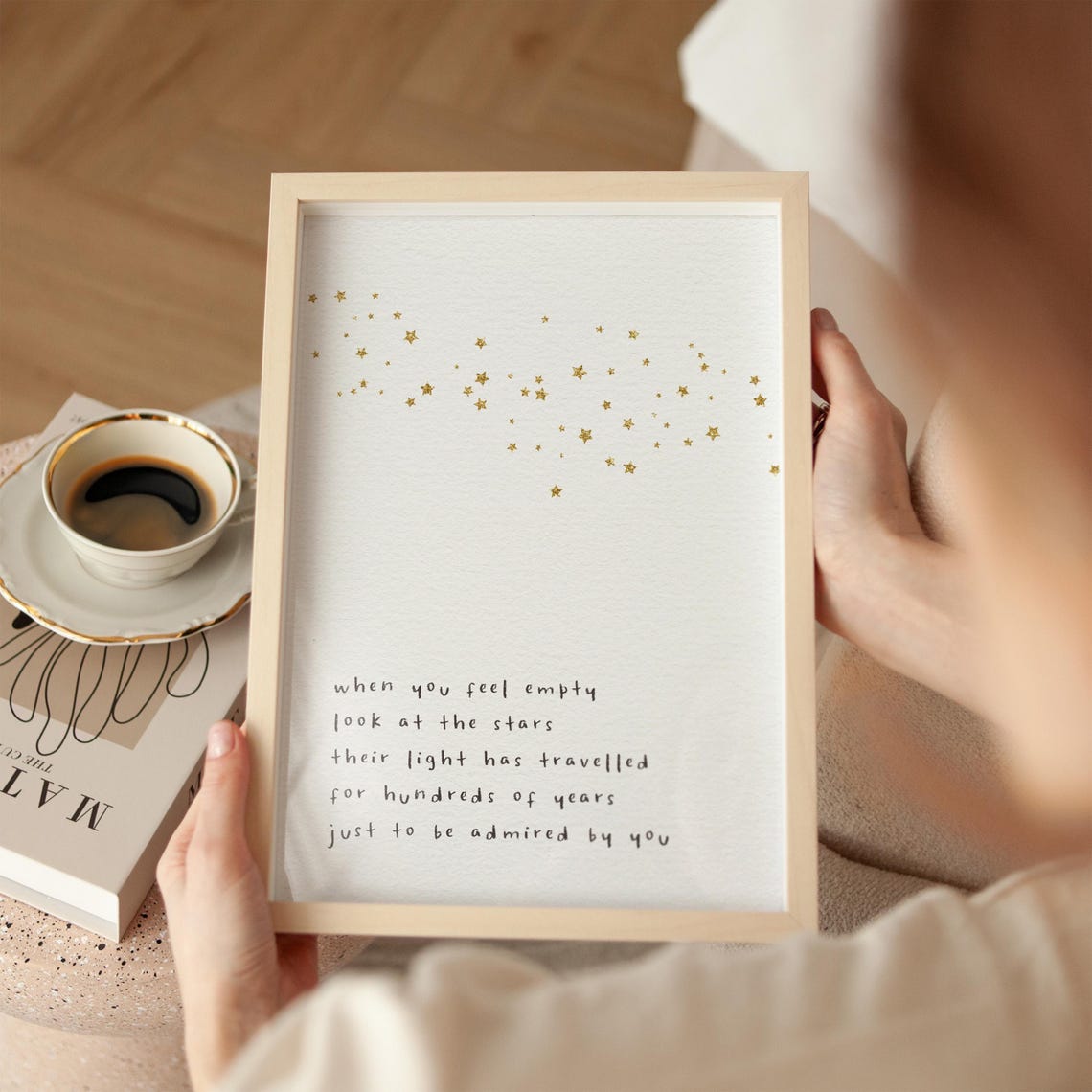 Look At The Stars Quote Gold Star Minimalist Typography Wall Art