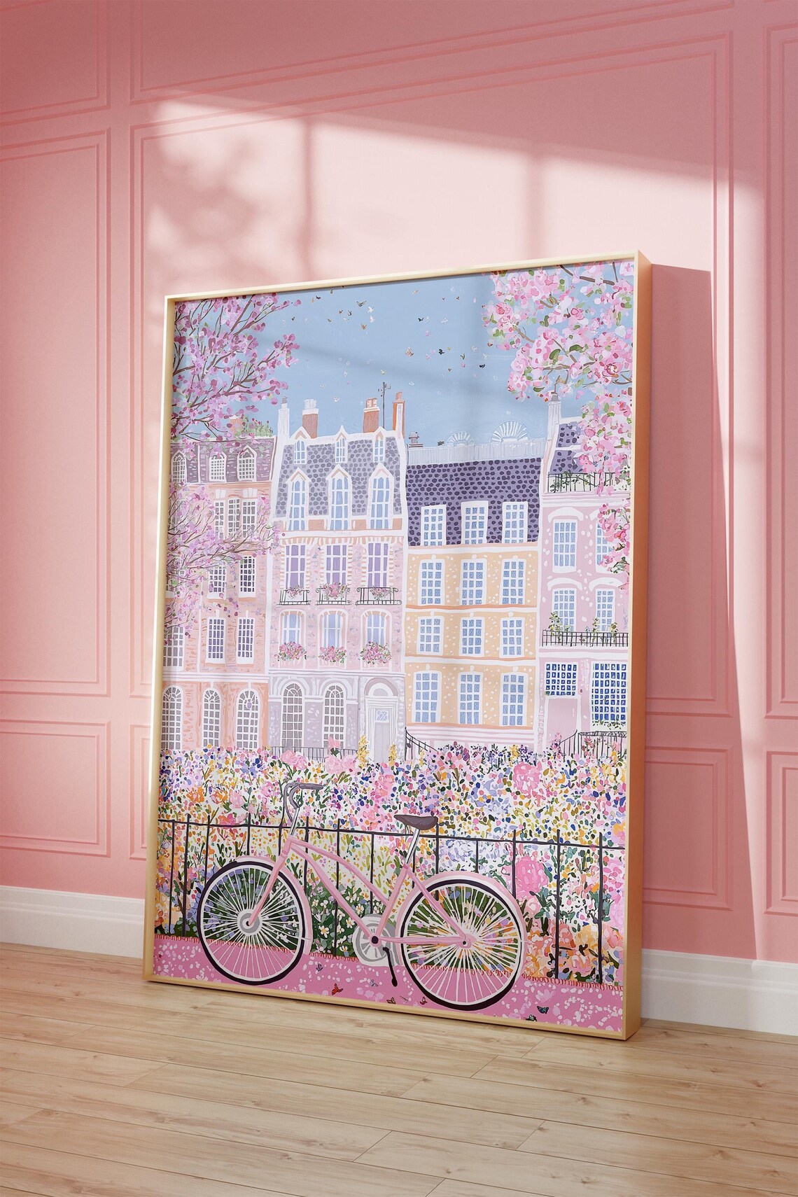 Pink Bicycle by a Flower Hedge Poster of European Townhouses