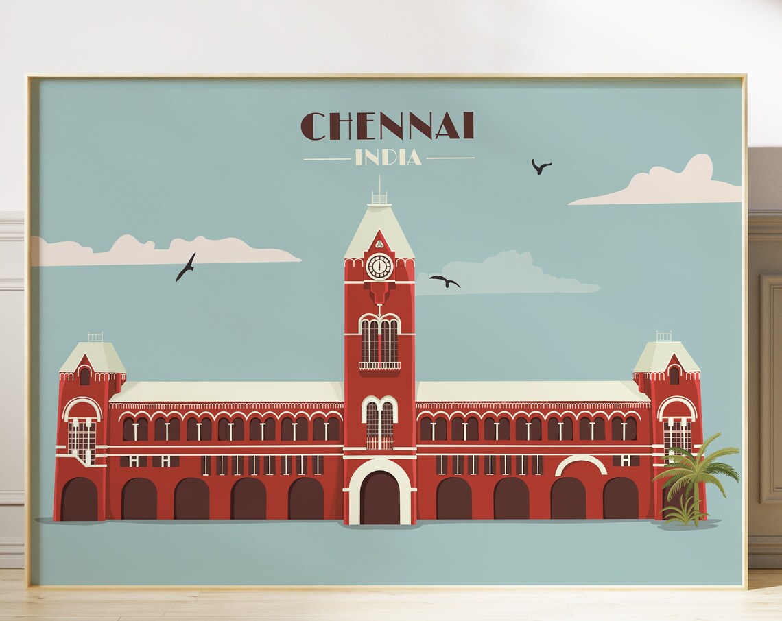 India Travel Print, Chennai Central Vintage Poster