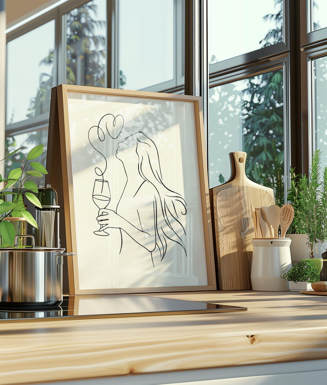 Woman Holding Wine Glass One Line Drawing Modern Bar Cart Wall Art - Image 3