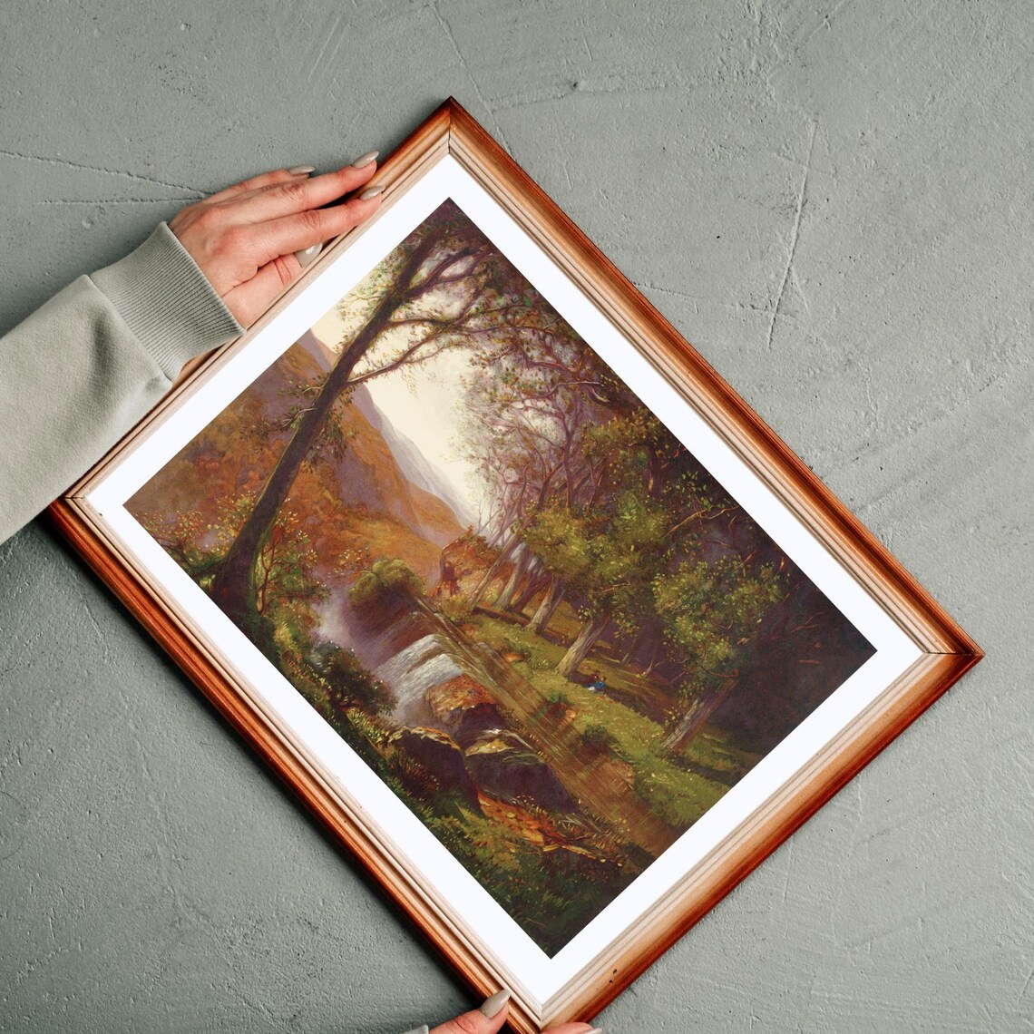 Vintage Forest Waterfall Autumn Landscape Painting Nature Wall Art - Image 2