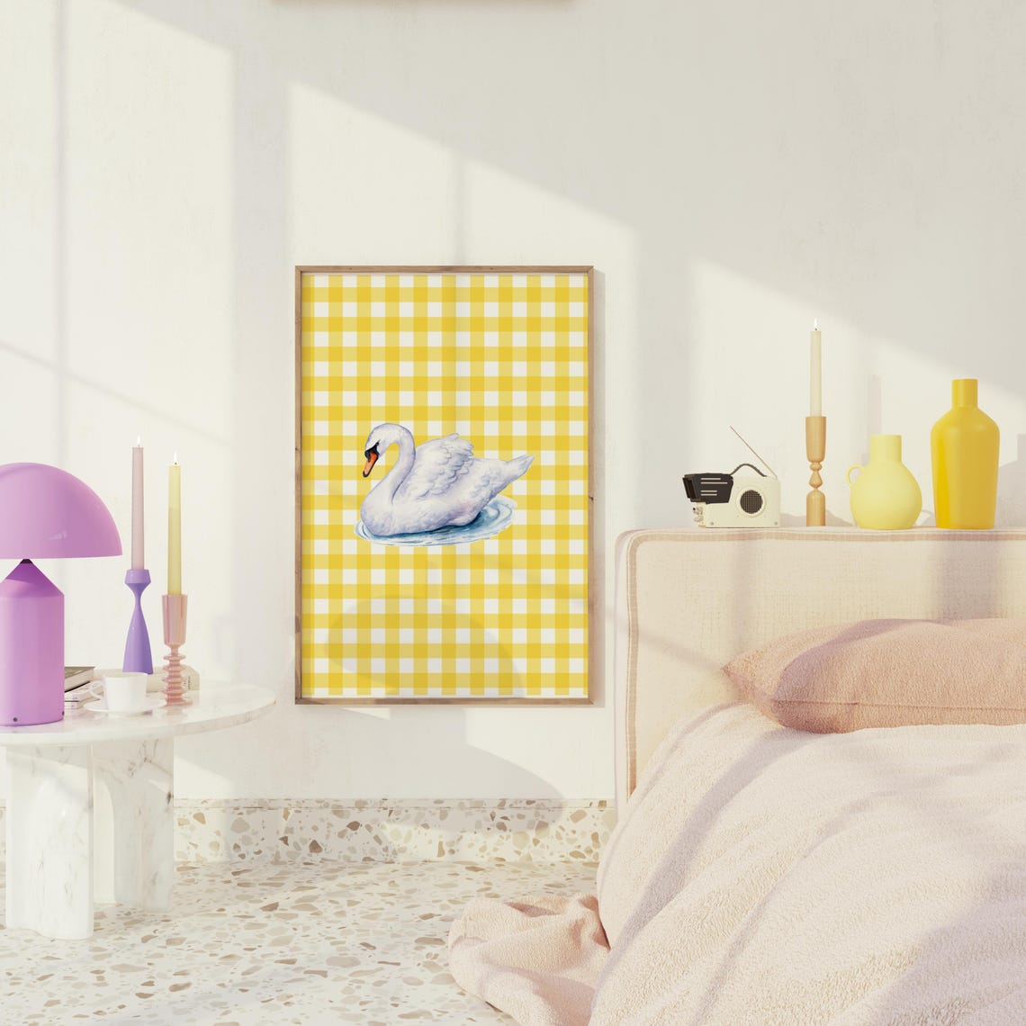 White Swan Yellow Gingham Cute Preppy Coquette Dorm Room Poster - Image 3