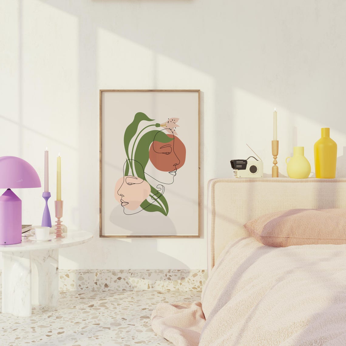 Boho Floral Line Drawing Faces Green Leaves Minimalist Modern Poster - Image 3