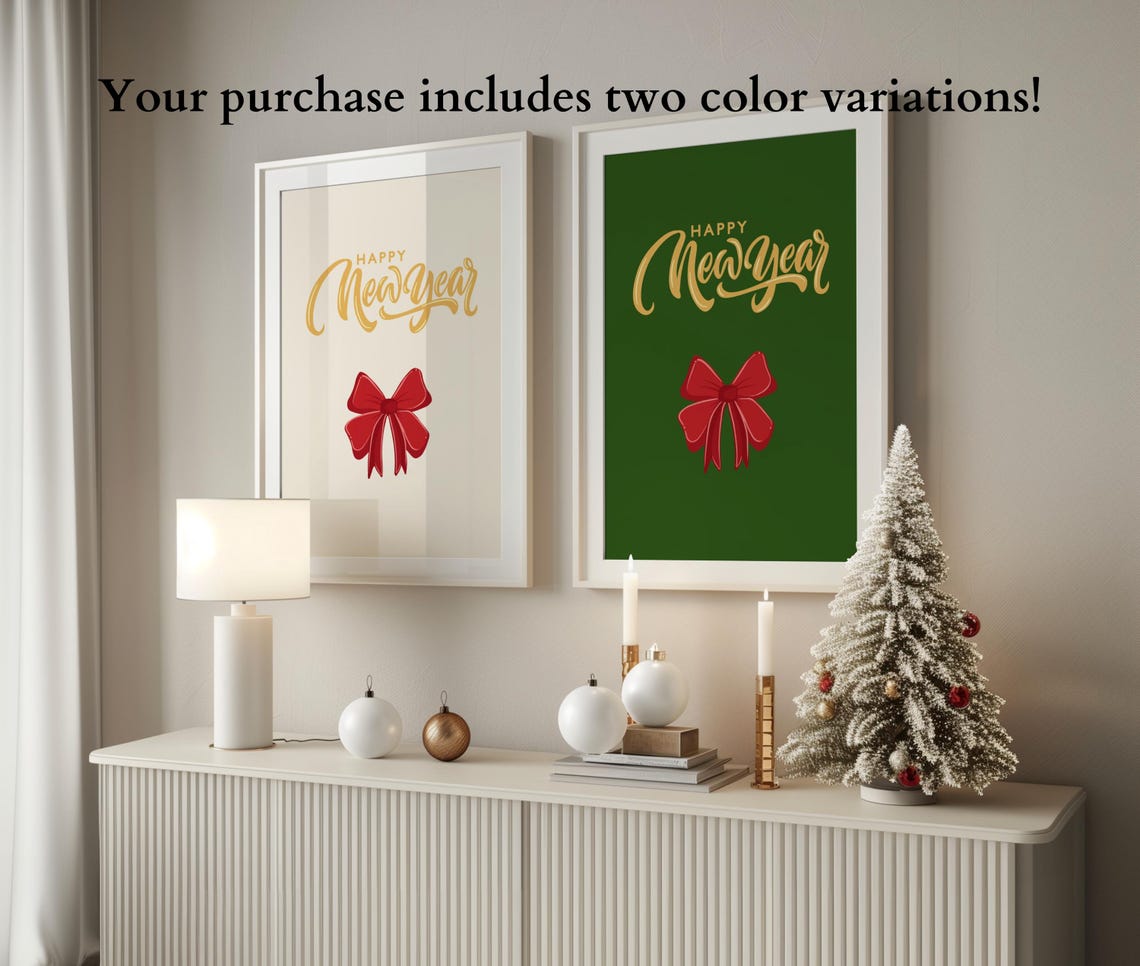 Happy New Year Gold Script On Green Festive Holiday Print Gift - Image 3