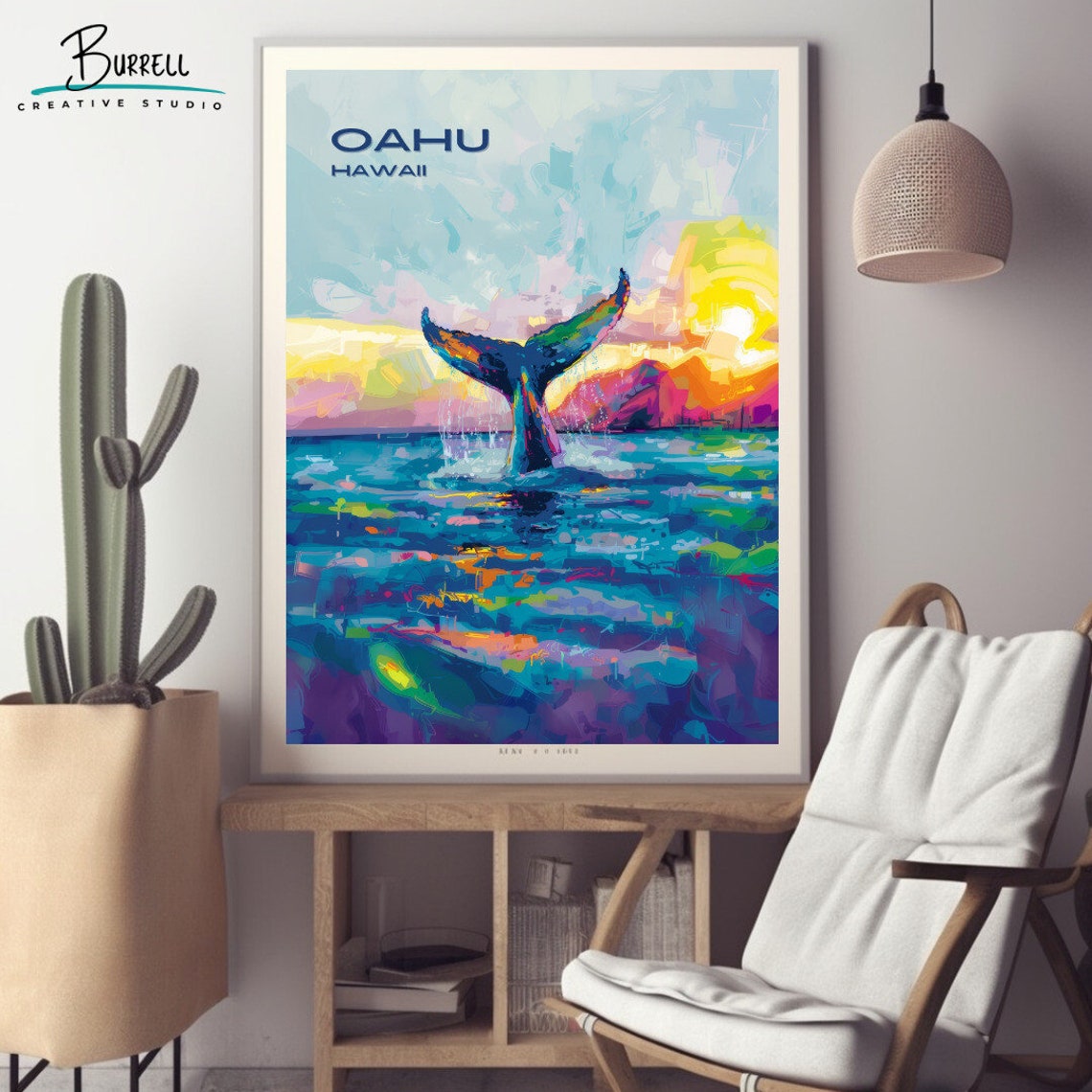 Oahu Hawaii Humpback Whale Fluke Breaching Sunset Waves Poster - Image 2