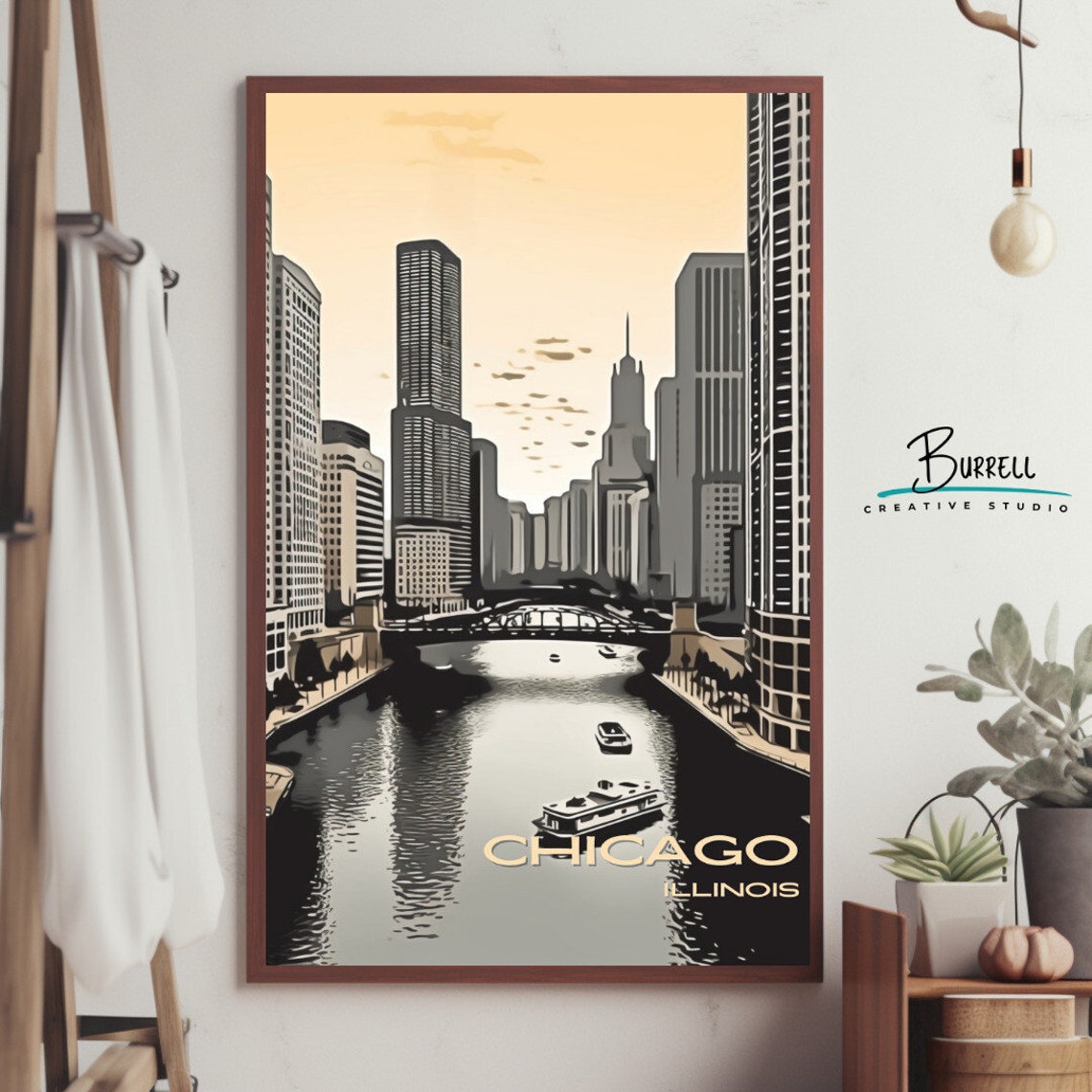Chicago Illinois Chicago River Skyline Bridge Illustration Poster - Image 4