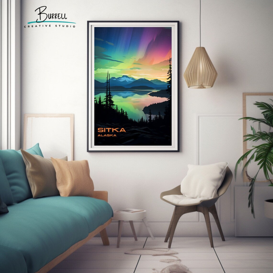 Sitka Alaska Northern Lights Fjord Spruce Silhouette Sky Poster - Image 3