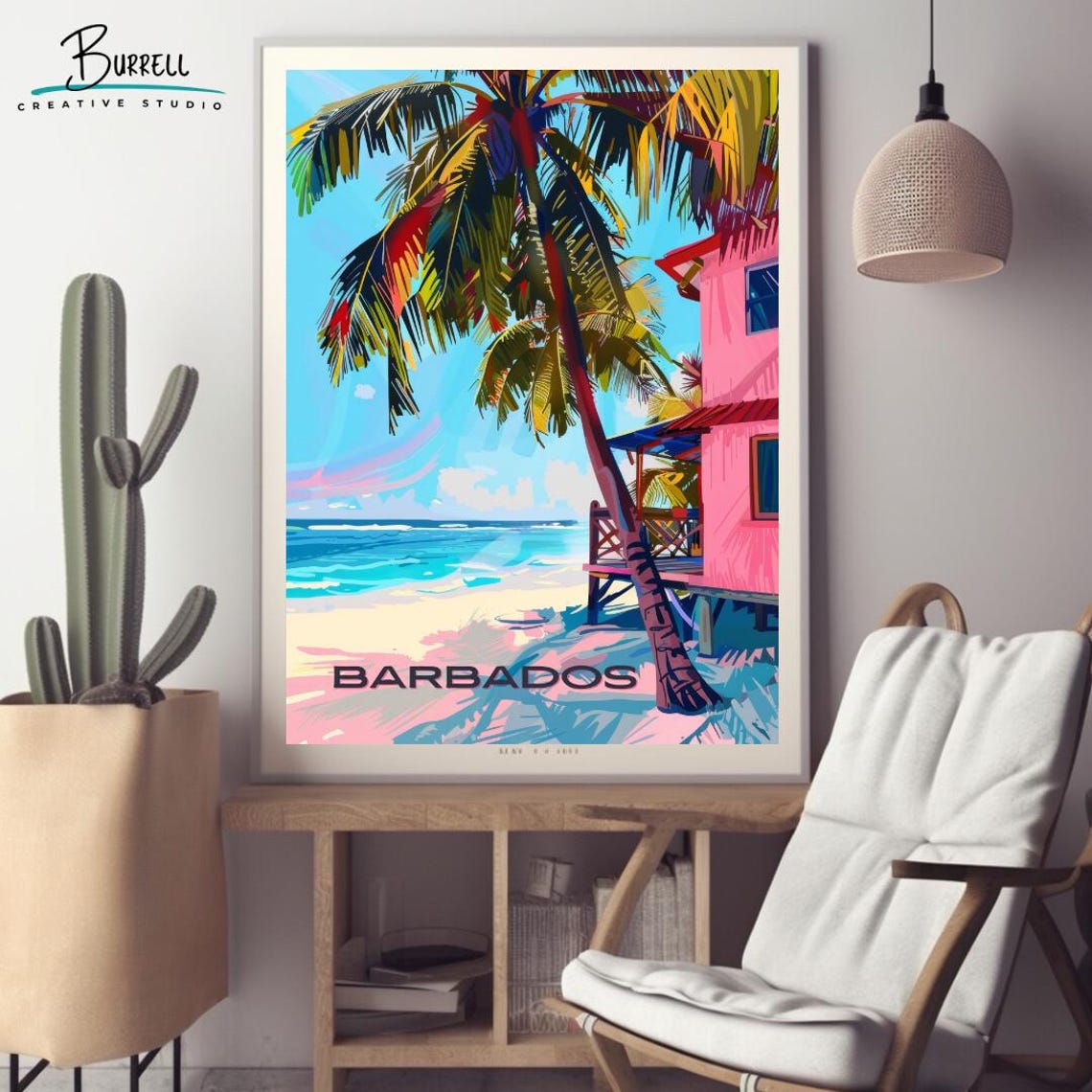 Barbados Beach Palm Trees Pink House Colorful Island Travel Poster - Image 2