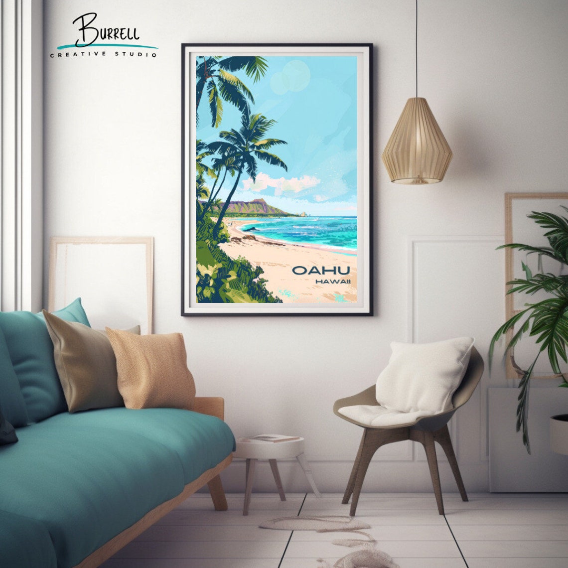 Oahu Hawaii Palm Lined Beach Volcanic Crater Horizon View Poster - Image 3