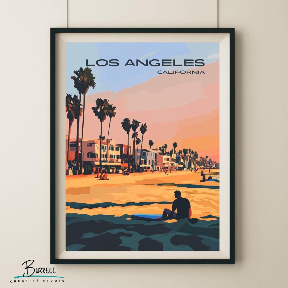 Los Angeles Venice Beach Surfer Sunset Palms Beachfront Travel Poster