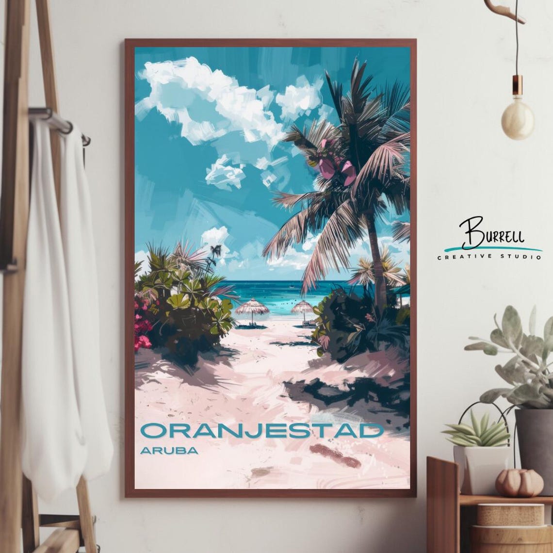 Oranjestad Aruba Beach Palms and Umbrellas Caribbean Scene Poster - Image 4