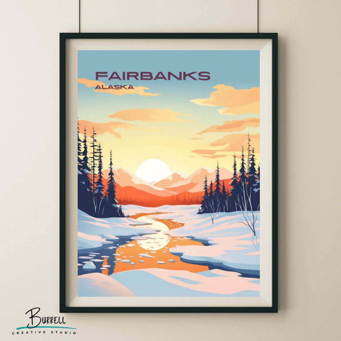Fairbanks Alaska Snowy River Valley Sunrise Pine Forest Poster
