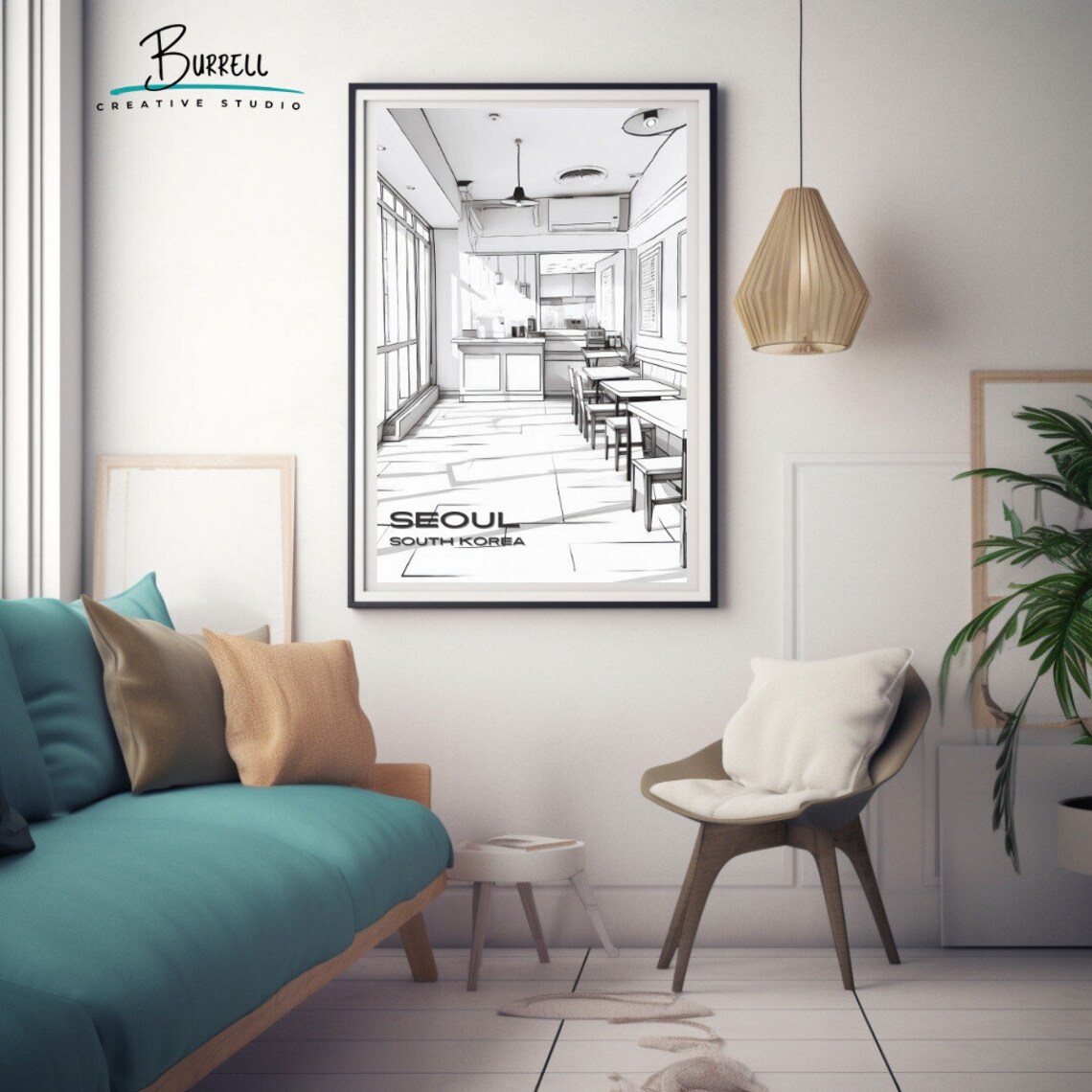 Seoul South Korea Minimalist Cafe Interior Line Art Sketch Poster - Image 3