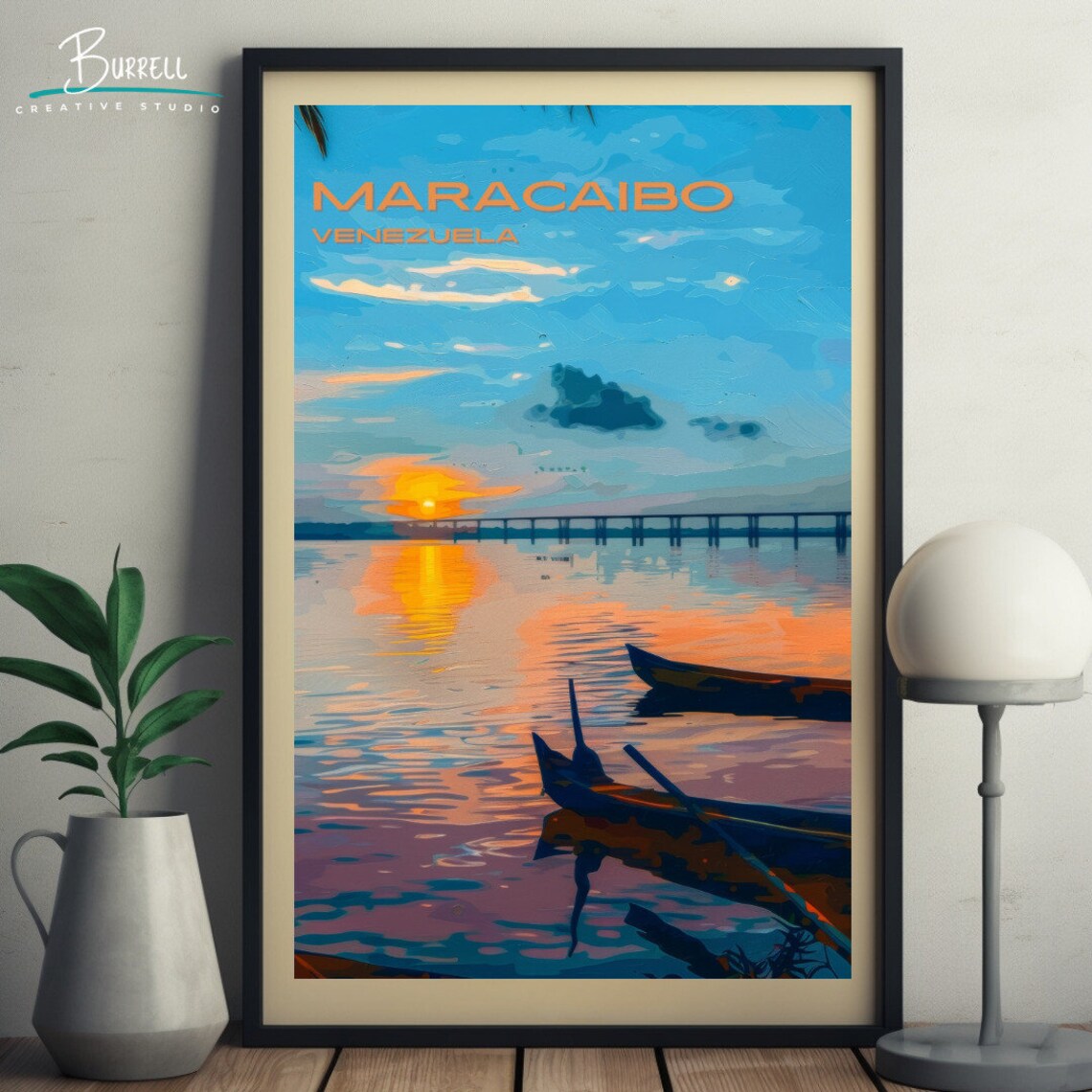 Maracaibo Venezuela Sunset Canoe Lake Bridge Colorful Travel Poster - Image 4