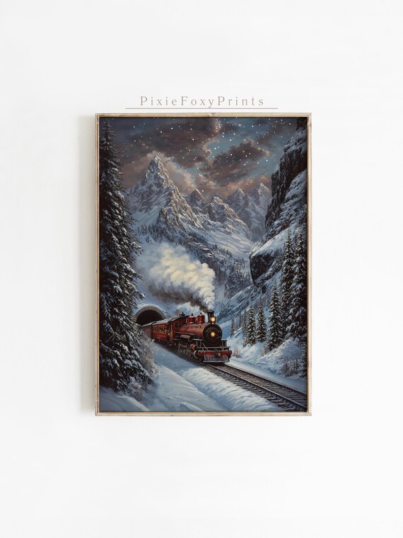 Winter Steam Train Through Snowy Mountain Night Landscape Poster