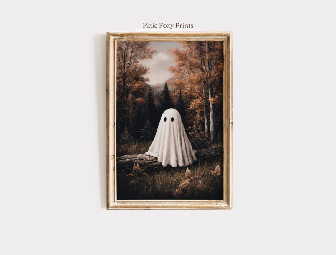 Cute Ghost on Log in Autumn Forest Whimsical Halloween Wall Art