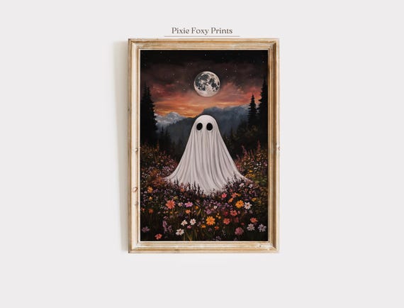 Full Moon Wall Art Spooky Halloween Print Haunted Floral Landscape Artwork Rustic Witchy Autumn Home Decor