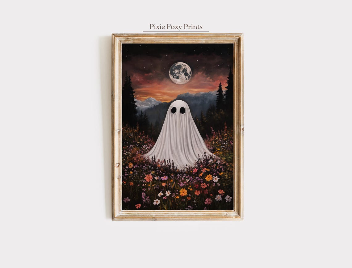 Ghost In Wildflower Field Full Moon Moody Sunset Halloween Poster