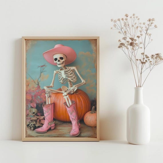 Skeleton Pink Boots Pumpkin Wall Art Funny Halloween Poster Trendy Decor Cowgirl Sg230