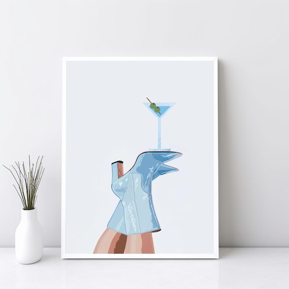Light Blue Cowboy Boot Martini Glass Coquette Style Wall Art
