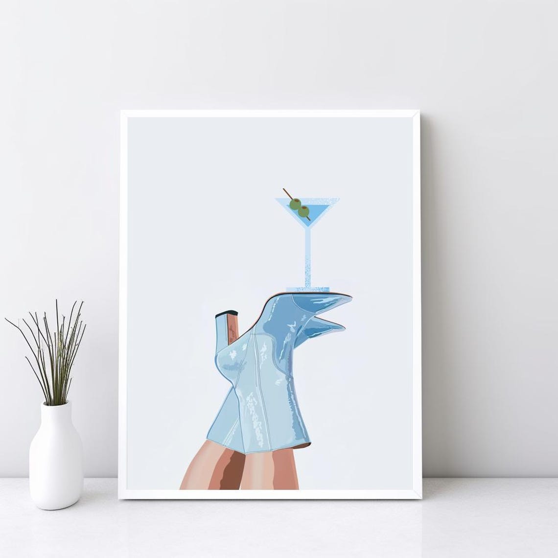 Light Blue Cowboy Boot Martini Glass Coquette Style Wall Art