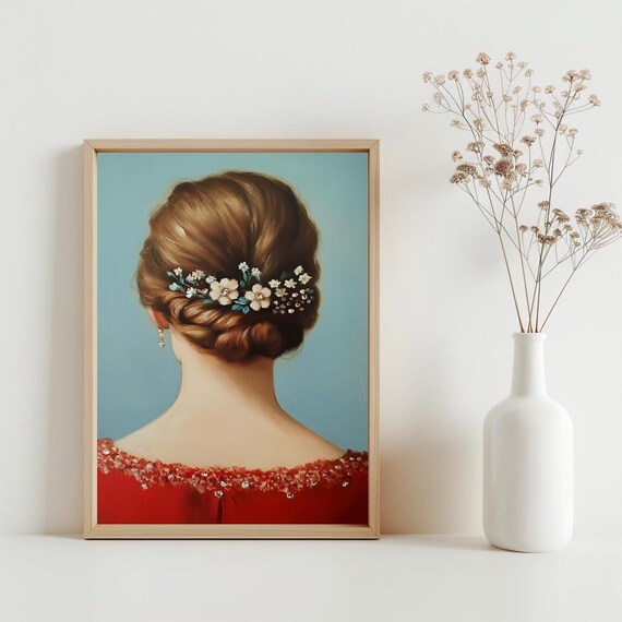 Lady in Red Vintage Dress Portrait Print Elegant Back View Floral Hair