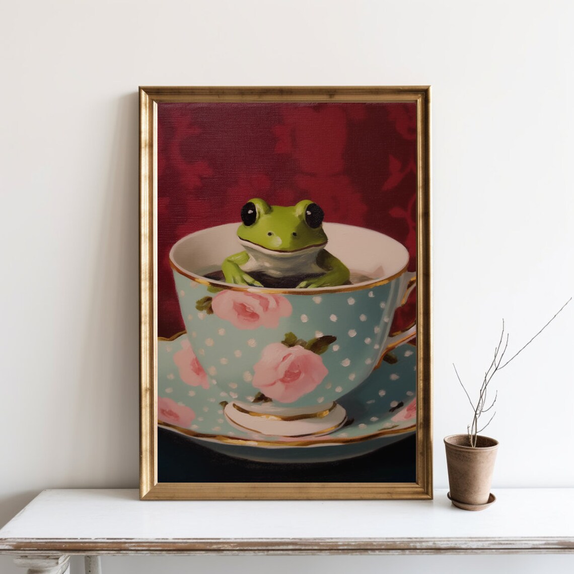 Frog Face In A Teacup Oil-Painting-Style Art Print