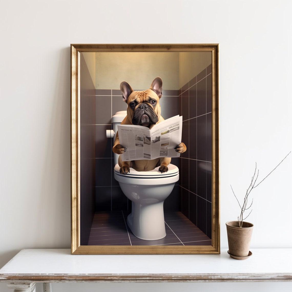 Funny French Bulldog Reading Newspaper On Toilet Bathroom Humor Poster