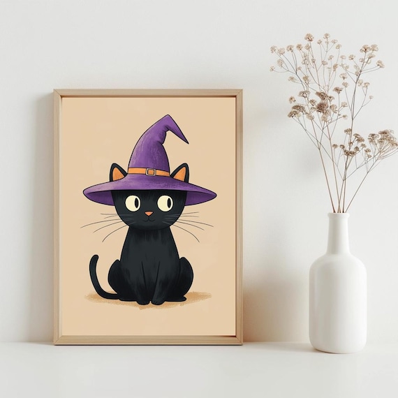 Cute Black Cat Halloween Wall Art Kitty Witch Hat Fall Decor Funny Poster Modern Boho Sg203