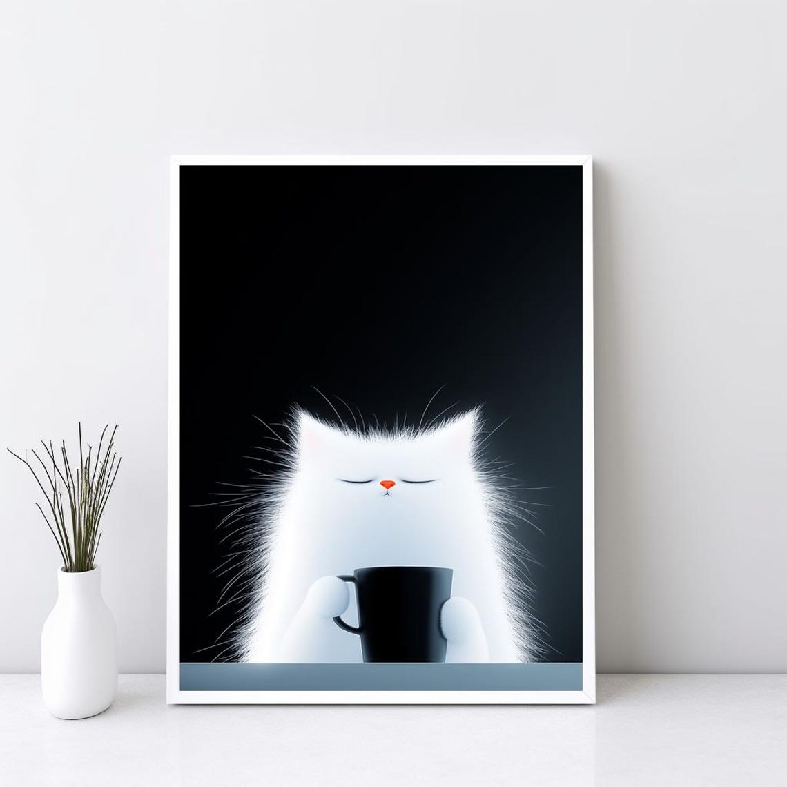 Fluffy White Cat Holding Black Coffee Mug Cute Kitchen Wall Art