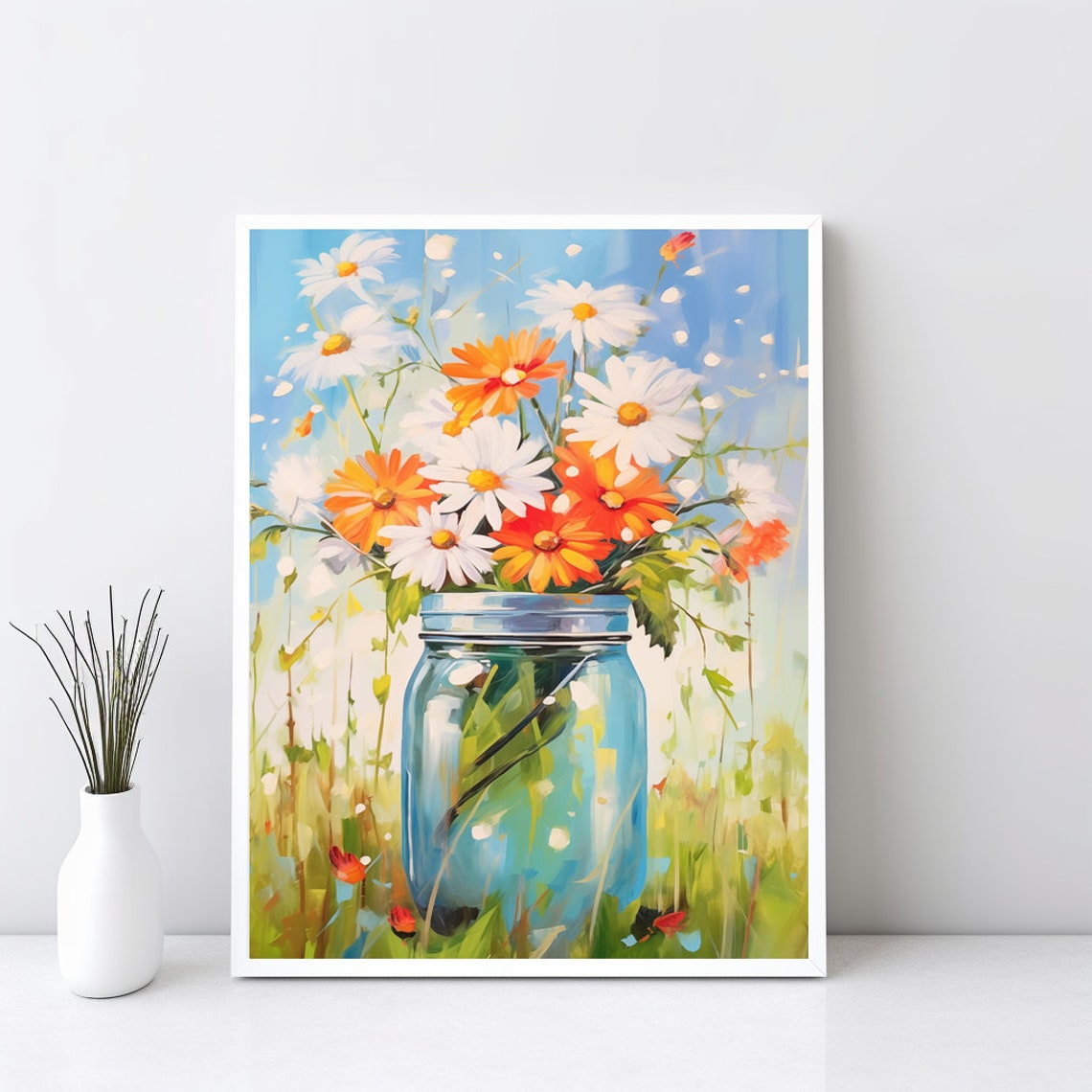 Watercolor Daisies in Blue Mason Jar Cheerful Spring Floral Poster