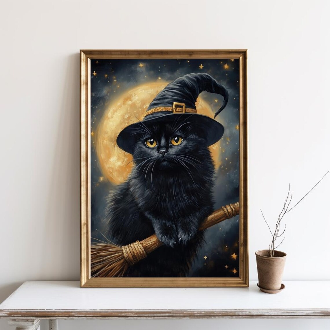 Black Cat Halloween Art Print, Witchy Decor