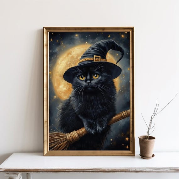 Black Cat Halloween Art Print, Witchy Decor