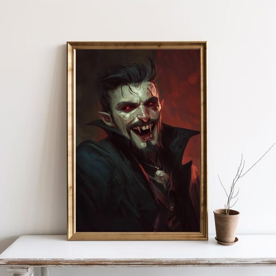 Vampire Portrait Gothic Painting Dark Academia Red Eyes Wall Art