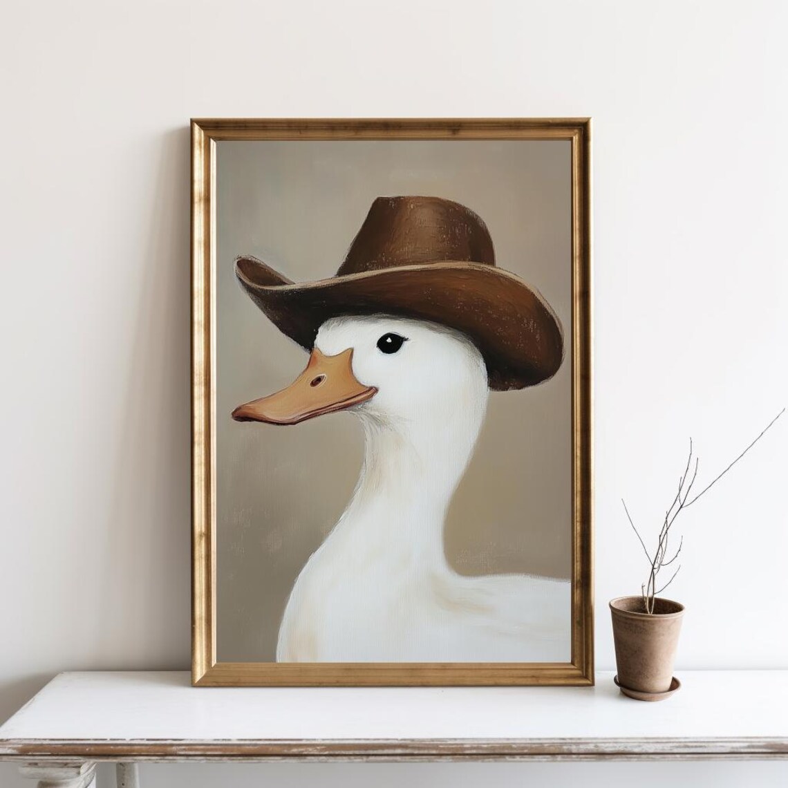 Silly White Goose Wearing Cowboy Hat Western Oil Painting Poster
