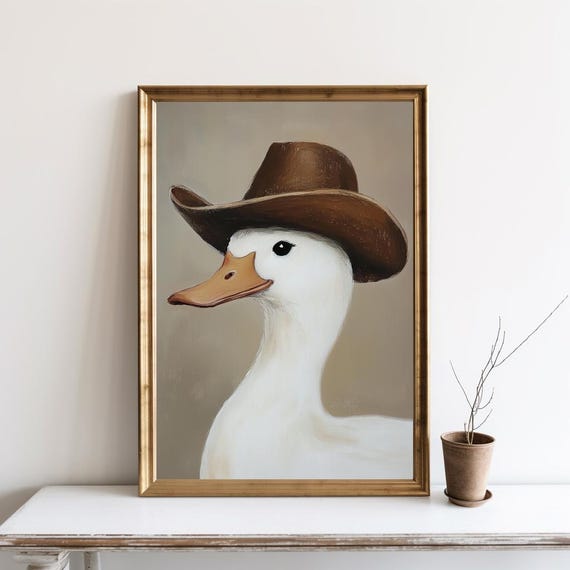 Funny Cowboy Goose Wall Art Duck Hat Poster Silly Painting Neutral Southeastern Boy Room Animal Western Sg308