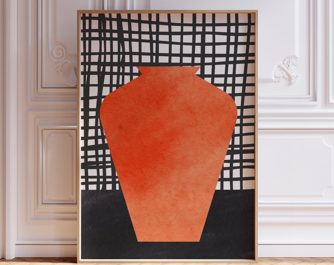 Burnt Orange Vase Black Grid Abstract Bold Modern Statement Art Print