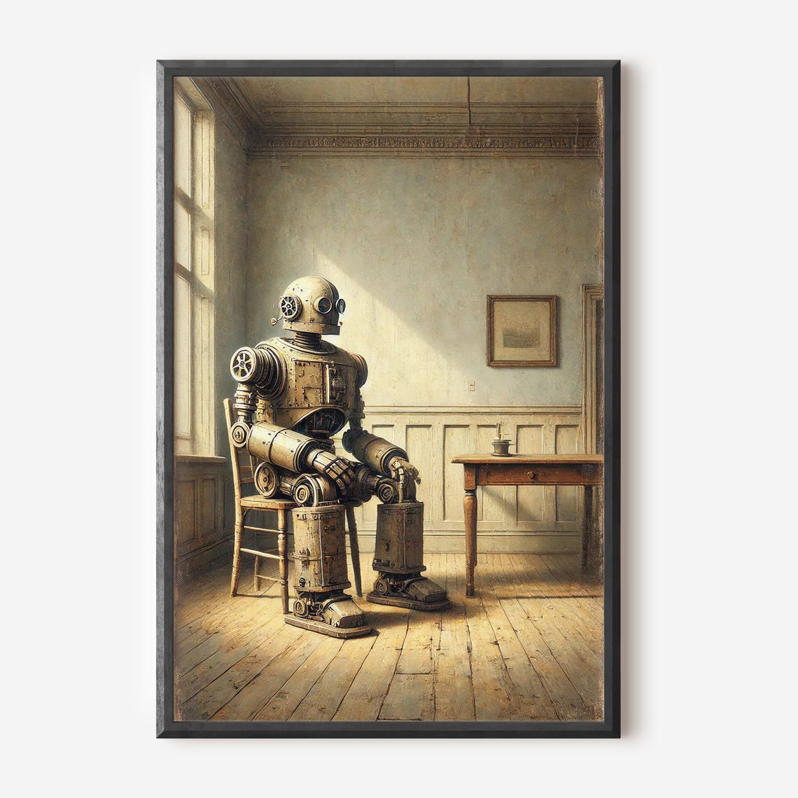 Vintage Robot Oil Painting Seated Steampunk Machine Room Art Poster