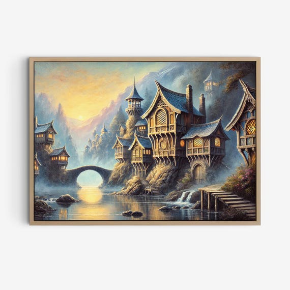 Rivendell Art Elvish Houses By The River Oil Painting Fantasy Landscape Lotr Fine Print Fellowship Ring Poster