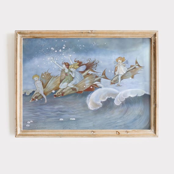 Fairies Riding On Flying Fish Vintage Illustration By Ida Rentoul Outhwaite Fairy Art For Nursery Childrens Book Wall