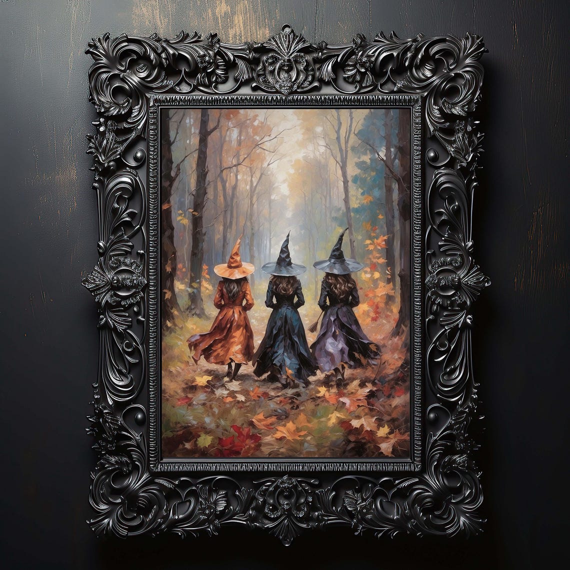 Three Halloween Witches In Autumn Forest Wall Art