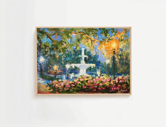 Forsyth Park Fountain Night Glowing Lamps Flowers Painting Poster