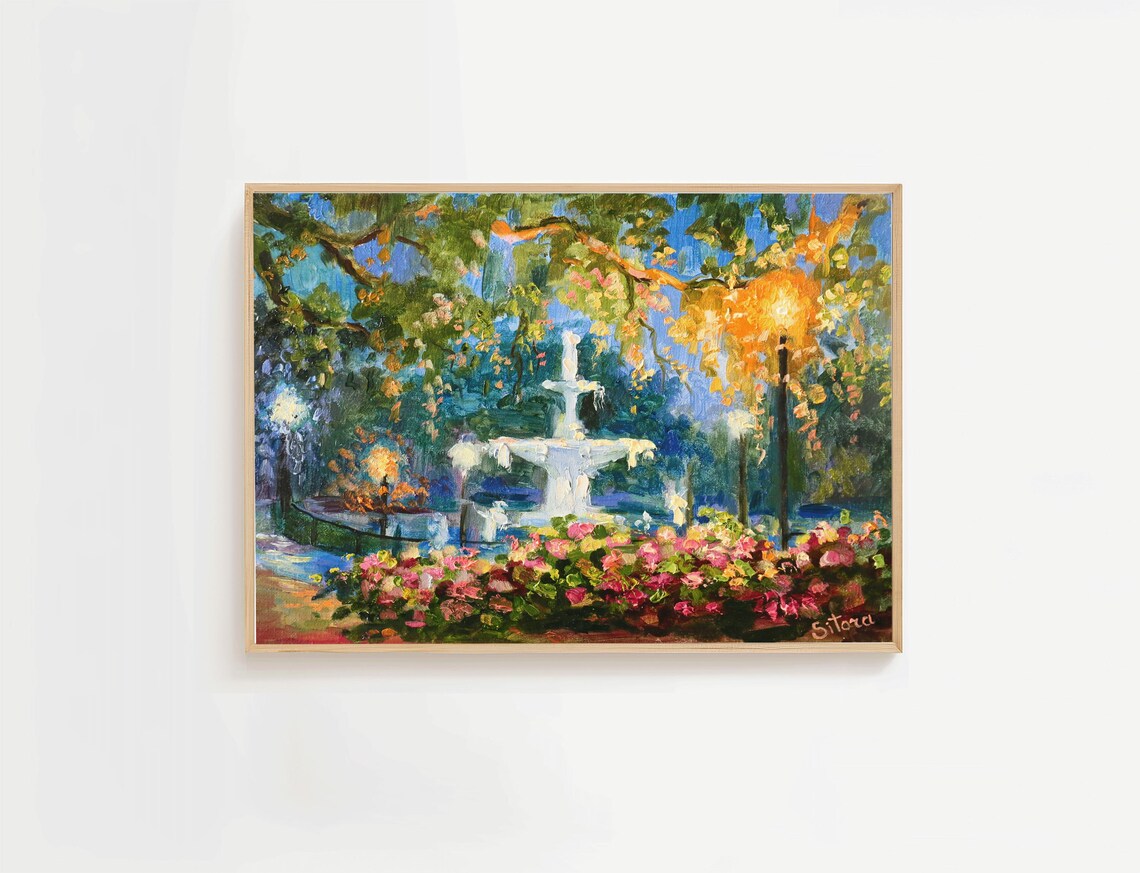 Forsyth Park Fountain Night Glowing Lamps Flowers Painting Poster
